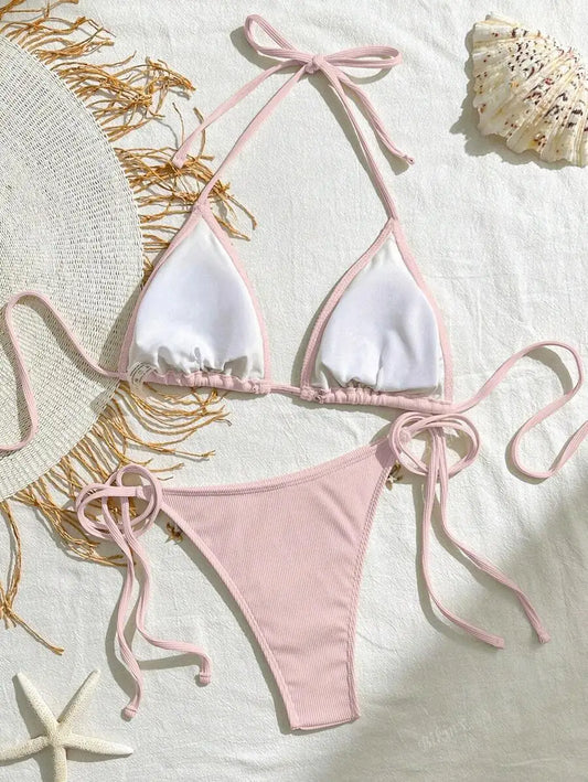 Bikinx Women Solid Color Stitching Ribbon Shell Decoration Triangle Cup Lace-Up Bikini Set For Beach Vocation Summer