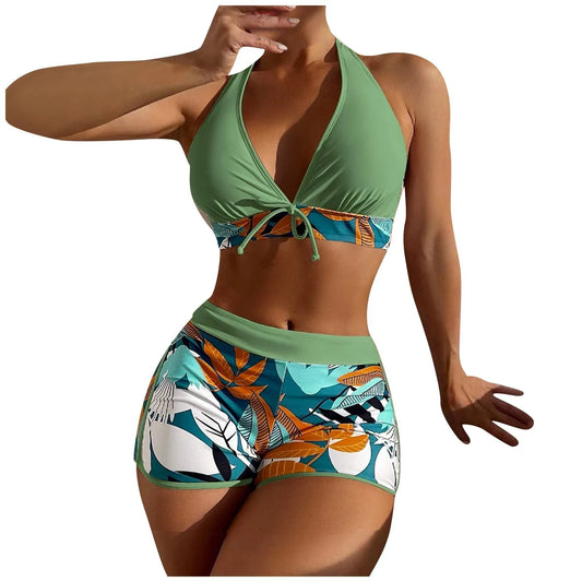 bikini Beach Style Paneled Printed Women's Swimsuit Split High Waist Tow-piece  For Teenagers biquinis feminino tendência 2024