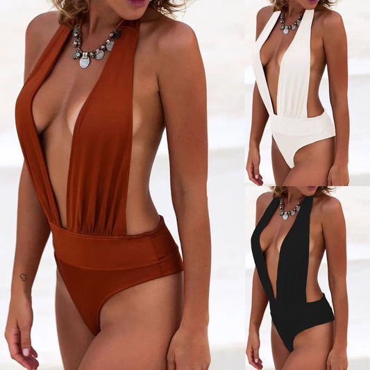 2025Beach vacation Sexy beachwear backless thong neckhang V-neck one-piece bikini A woman's sexy bathing suit fashion jumpsuit
